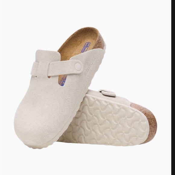 Birkenstock Shoes - Boston Soft Footbed Suede Leather Clogs in Antique White